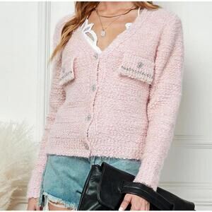 Cezele Women's Pink Cardigan Shimmer Sweater - Pearl and Rhinestones Size S/M
